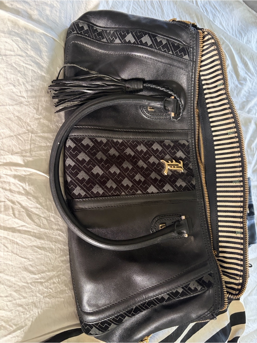 L.A.M.B. Black Leather Satchel with Striped Lining and Gold Hardware - Picture 4 of 4